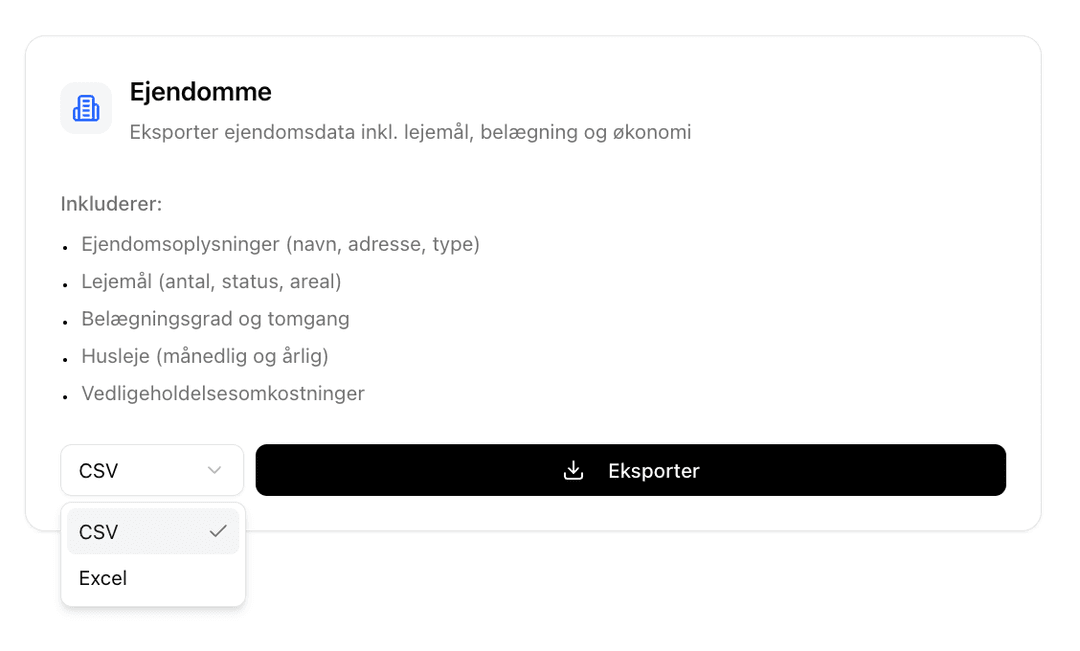 Eksporter ejendomsdata til CSV og Excel